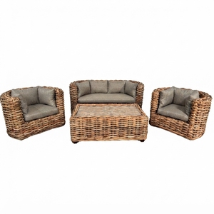 Outdoor <b>Rattan</b> Woven <b>Sofa</b> Set Mahogany Wood Frame Half Cl Natural <b>Rattan</b> Daphnie Cushion Glass Coffee Table Setup Art Design - Product Image 1