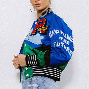 Varsity <b>Jacket</b> <b>Women</b> Cartoon Print Blue Green Patch Design Turn-down Collar Full Sleeve Short Length <b>Spring</b> Wear - Product Image 4