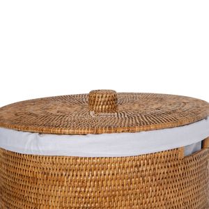 Rattan Laundry Storage <b>Basket</b> <b>With</b> Lid And <b>Handle</b> Circle Shape Rustic Style For Neatening Storage - Product Image 3