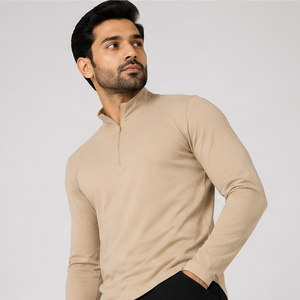 T-shirt de sport pour homme à manches longues avec fermeture éclair 3/4, coupe ajustée, col roulé, vêtement de sport léger pour la course à pied - Product Image 5