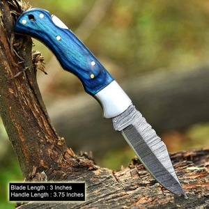 Couteau pliant de poche artisanal noir et bleu en acier Damas pour hommes - 7 pouces, manche en bois, étui en cuir, DIY OEM - Product Image 5