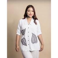 Kemeja Klasik Wanita dengan Bordir Daun, Modern, Fit Santai, Nyaman & Bebas Kerut, Kemeja Kancing, Pakaian Kasual