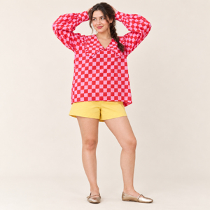 Women's Red Pink Plaid <b>Balloon</b> Sleeve Blouse Peter Pan Collar Loose Fit <b>Long</b> Sleeve Top - Product Image 4