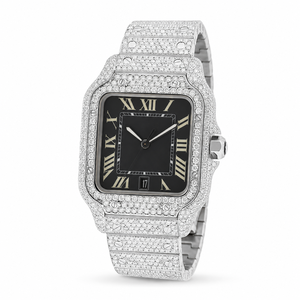 Reloj de Lujo para Hombre con Esfera Cuadrada de Moissanita, Acero Inoxidable, Esfera Negra Romana, Cuarzo, con Fecha - Product Image 1