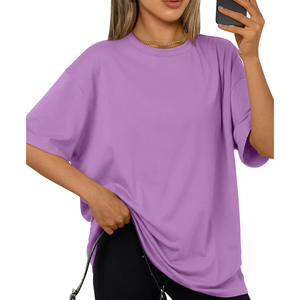 Oversized Plus Size Women's T-Shirt Solid Purple 100% Cotton Crew Neck Short Sleeve Loose Fit Regular Length Jersey Fabric - Product Image 4