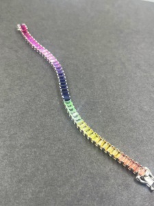 Pulsera de zafiro multicolor, pulsera de zafiro arcoíris de plata de ley 925, pulsera de zafiro colorido de 16 cm, zafiro cultivado en laboratorio - Product Image 3