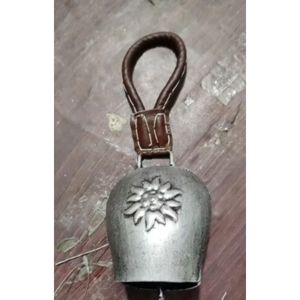 Custom Vintage Swiss Souvenir <b>Cow</b> <b>Bell</b> With Hand Painted Edelweiss Flower Embroidered Genuine Leather Strap Handle Rustic Decor - Product Image 2