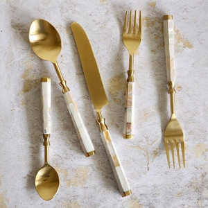 Beautiful matte gold cutlery featuring exquisite white mother of pearl mosaic <b>tiled</b> handles Available at wholesale prices - Product Image 1