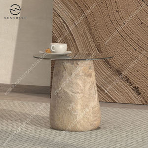Modern Round <b>Stone</b> Coffee <b>Table</b> with Tempered Glass <b>Top</b> Minimalist Living Room Furniture Handmade Design - Product Image 3