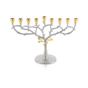 Menorá de Nueve Ramas Plateada y Dorada Estilo Árbol, Candelabro Artístico Judío para Hanukkah, Diseño Inspirado en la Naturaleza - Product Image 1