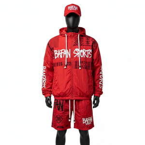 Conjunto corto de chaqueta cortavientos ligera de poliéster para hombre, tela transpirable, diseño de paneles rojo y negro, logotipo impreso personalizado, talla grande - Product Image 1