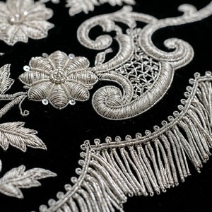 Custom Hand Embroidered Black Velvet Religious Standard Christian Church Processional <b>Banner</b> with Silver Bullion Flowers & Crown - Product Image 3