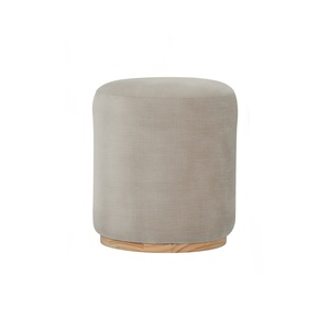 Modern MDF LVL Veneer <b>Pouf</b> Cream Fabric Upholstered Ottoman Stool Living Room Bedroom Furniture - Product Image 1