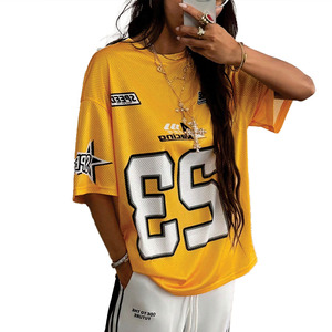 Camiseta de fútbol americano oversize de malla personalizada para mujer, estilo streetwear, cuello en V, uniforme de equipo, producción de números personalizados - Product Image 5