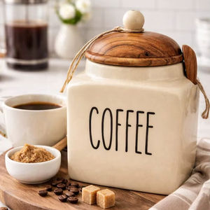 Pot de rangement à café de style vintage avec couvercle en bois, joint hermétique, design d'étiquette de cuisine audacieux, organisateur élégant pour comptoir - Product Image 1