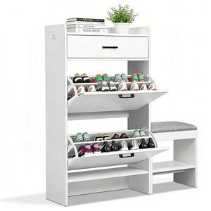 2-Tier White 100*25*117cm Particleboard Shoe Cabinet with Flip Lid and Padded Bench 1-Hook Shoe Rack - Product Image 3