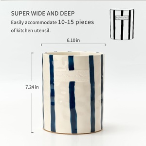 Hand Painted Ceramic <b>Utensil</b> <b>Holder</b> Blue Stripe Design Smooth Glaze Durable Heat Resistant <b>Kitchen</b> Counter Storage Organizer - Product Image 6