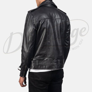 Men's Premium Black Real Leather Racer <b>Jacket</b> - Slim Fit Genuine <b>Sheepskin</b> Biker Coat with Chest Zip Pockets - Product Image 4