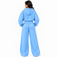 Setelan Hoodie Oversize Wanita Warna Biru Langit dengan Celana Kaki Lebar, Pakaian Santai Fleece, Set Cetak Puff Kustom, Produsen