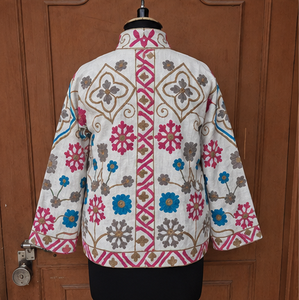 Hand embroidered cotton jacket pink diamond <b>trellis</b> snowflake floral medallion standing collar boho suzani wholesale exports B2B - Product Image 4