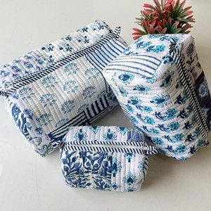 Bohemian Cotton Cosmetic Organizer <b>Toiletry</b> Bag Panelled Blue White Floral Pattern Foldable <b>Storage</b> Case for Beauty Essentials - Product Image 5
