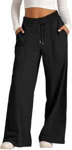 Plus Size Women's Wide Leg Pants Solid Color <b>Elastic</b> Waist Loose Fit Full Length Casual Mid Waist Black Pants - Product Image 4