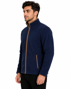 Veste polaire zippée intégrale pour homme, bleu marine uni, col montant, avec bordure contrastante marron, chaude et douce, idéale pour l'hiver et les tenues décontractées - Product Image 3