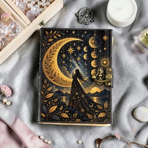 Diario de Cuero Grimoire Celestial de 400 Páginas, Tapa Dura Negra, Diseño Vintage de Luna y Estrellas, Libro de Hechizos Hecho a Mano con Acuarelas, Regalo - Product Image 2