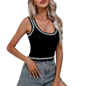 Women Black Contrast Trim Knit Tank <b>Top</b> Sleeveless Scoop Neck Summer Casual Vest for Boutique Women's Shirts OEM Wholesale shirt - Product Image 1
