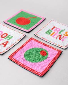 Handmade <b>Beaded</b> Square Drink <b>Coasters</b> Set Cute Fabric Mats With Cherry And Text Designs - Product Image 1