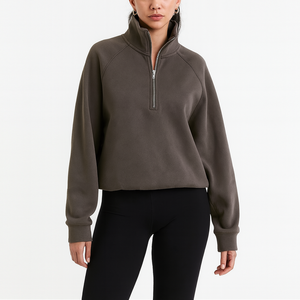 Sweat-shirt pull à demi-zip oversize pour femme grande taille, avec logo brodé personnalisé, cordon de réglage à l'ourlet, décontracté, tricoté, pour le printemps et la détente - Product Image 1