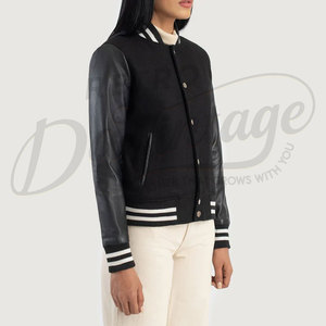 Women Varsity Letterman <b>Jacket</b> Black Wool Body with Black Real <b>Leather</b> Sleeves Slim Fit Premium Classic Baseball Casual College - Product Image 5