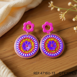 Orecchini pendenti alla moda con design mandala colorato, borchie a forma di fiore rosa, 12 pezzi Ref4716013 - Product Image 3
