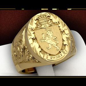 Robuuste vergulde zegelring voor heren, kroon, leeuw, schild, embleem, statement, feest, vingerornament - Product Image 4