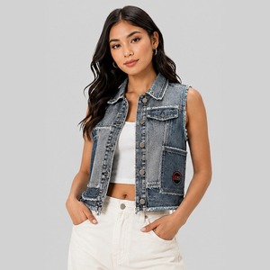 Chaleco vaquero azul lavado para mujer con cierre de botones, chaqueta sin mangas, top informal a la moda para primavera y verano - Product Image 1