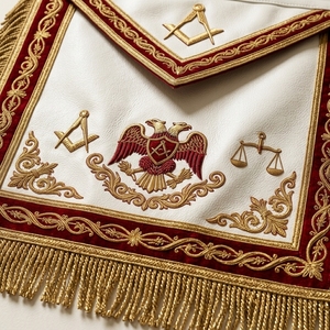 Tablier maçonnique 3D de luxe personnalisé en tissu blanc, avec badge carré brodé or à rabat en V et franges à coudre - Product Image 3