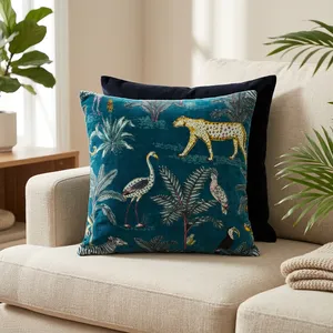 Teal <b>Blue</b> Cotton Velvet Pillow home text Cover with Leopard Birds and Forest Print Luxury Decorative <b>Throw</b> Cushion Cover - Product Image 5
