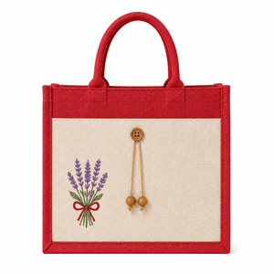 Sac fourre-tout en jute laminé rouge avec imprimé lavande et bouton en bois – Sac de courses écologique réutilisable pour mariages et expositions - Product Image 3