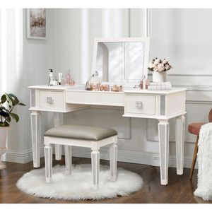 Mirrored Bedroom Makeup Vanities Set with Drawers <b>and</b> <b>Mirror</b> Stool Flip <b>Dressing</b> <b>Table</b> - Product Image 3
