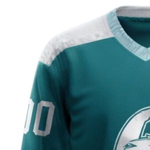 Maillot de hockey sur glace sublimé pour hommes, vert sarcelle et blanc, en polyester imprimable, col en V, manches longues, uniforme sportif athlétique, tenue d'équipe - Product Image 6