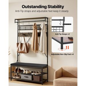 Porte-manteau autoportant 72 pouces avec banc à chaussures, organisateur de rangement à 2 niveaux, crochets muraux, tringle de suspension et étagère en fil métallique - Product Image 6