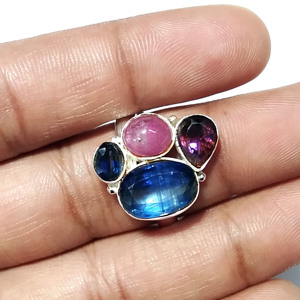 Bague Statement Ovale Multi-Pierres en Argent Sterling 925 Massif, Style Bohème, avec Kyanite Bleue Naturelle, Améthyste et Rubis Rose, par un Troisième Partie - Product Image 2