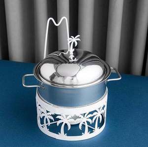 Recipiente redondo decorativo de metal para calentar comida con estampado de esmalte, con tapa y soporte, para bodas y hoteles. - Product Image 4