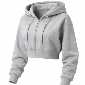 Wholesale Custom Grey <b>Cropped</b> <b>Zip</b> <b>Up</b> Hoodie for Women - OEM Manufacturer & Factory Direct Supplier - Product Image 3