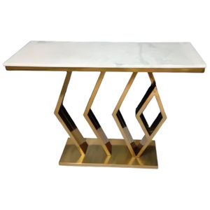 Table console de luxe avec plateau en marbre blanc et base géométrique en acier inoxydable doré, meuble d'appoint design pour entrée, salon - Product Image 1