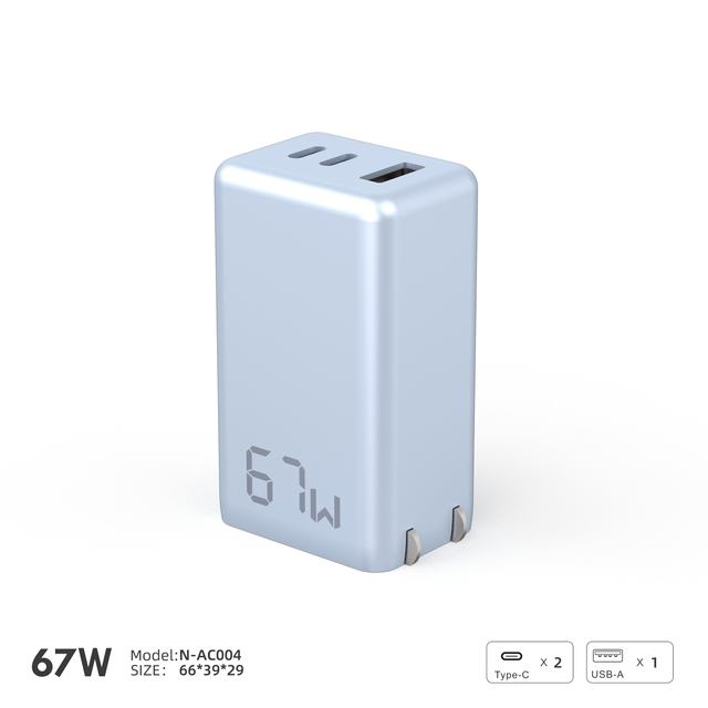 N-AC004 GaN 67W 3-Port USB-C PD Fast Charger (1A+2C), PPS, for Laptop/Phone/Tablet