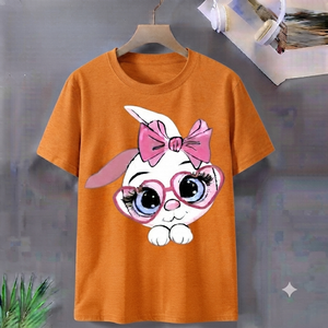 Camiseta de Verano Informal de Manga Corta con Cuello en V y Estampado de Conejito para Mujer, Ajuste Regular, Tejido de Poliéster/Algodón - Product Image 4