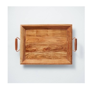 Bandeja de Servir de Madera de Acacia Premium con Asas de Metal de Cobre, Bandeja Rectangular de Madera Maciza, Bandeja Decorativa Rústica - Product Image 3