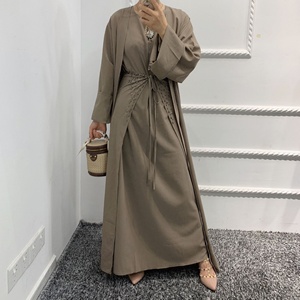 Handcrafted 3-Piece Muslim <b>Modest</b> Coats <b>Set</b> Crinkled Crepe Open Abaya Kimono Dress Long Sleeves Wrap Skirt for Autumn Outings - Product Image 3