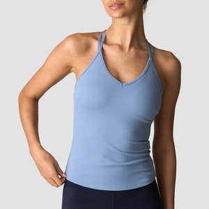 Quick Dry Ladies <b>Longline</b> Body Fit Tank Top Polyester Elastane Four Way Stretch V Neck Padded Built in <b>Bra</b> Tank Top - Product Image 1